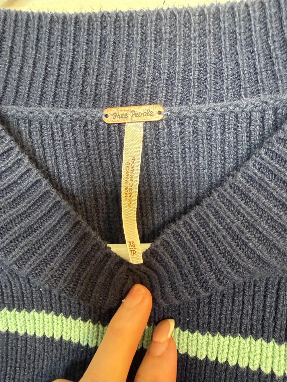 Free People Navy and Mint Striped Cropped Crew Sweater